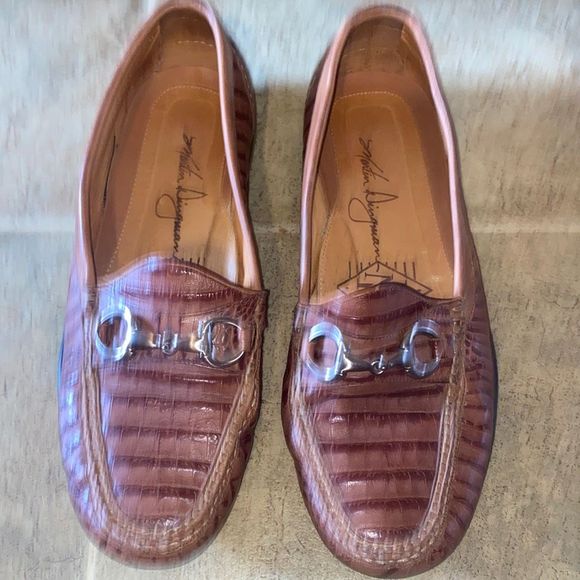 Martin Dingman Mens Brown Leather Alligator Grain Horse bit buckle Driver Loafer - Picture 5 of 10